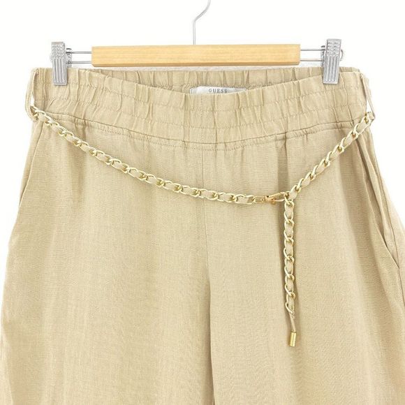GUESS LOS ANGELES Sandy Beige Linen Wide Leg Pants Chain Belt - Picture 2 of 6